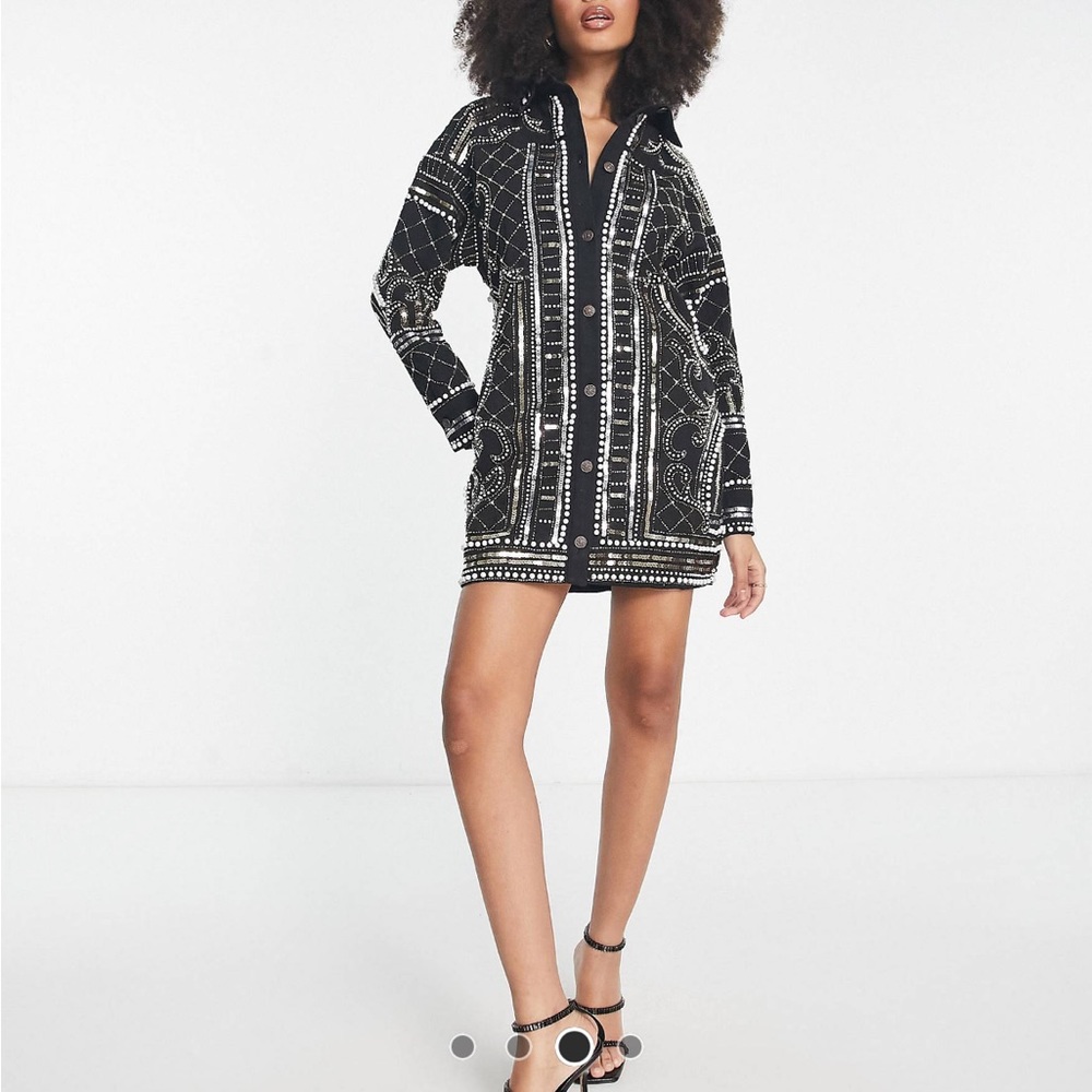 Embellished Twill Shirt Dress With Pearl Detail